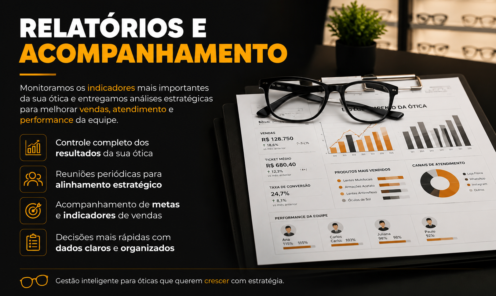 Acompanhamento e relatórios para óticas